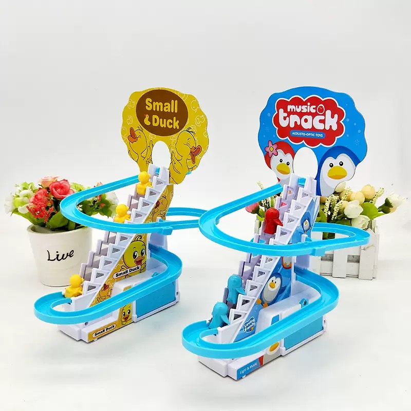 Ladder Toss Set - 電動アヒルDIYレールレーシングトラックローラーコースターおもちゃセット、光と音楽付き知育玩具、子供向けギフト、階段登りトラックおもちゃ